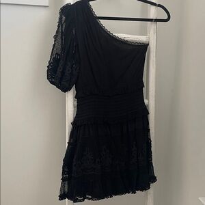 Rococo Sand Black One-Shoulder Lace Dress